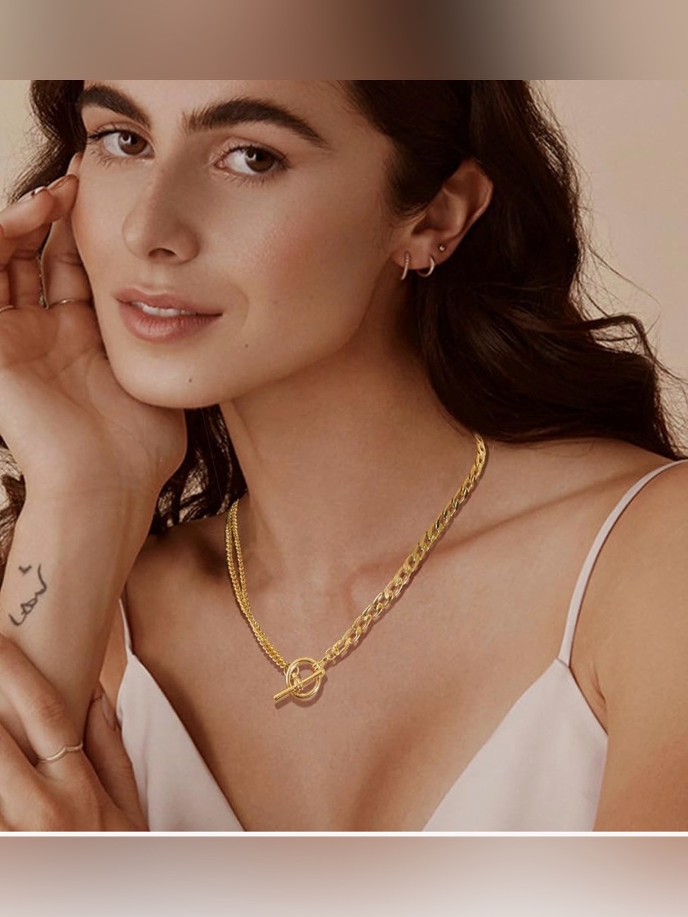 Gold Toggle Chain Necklace - Women’s Layered Link Pendant - Picture 3 of 7